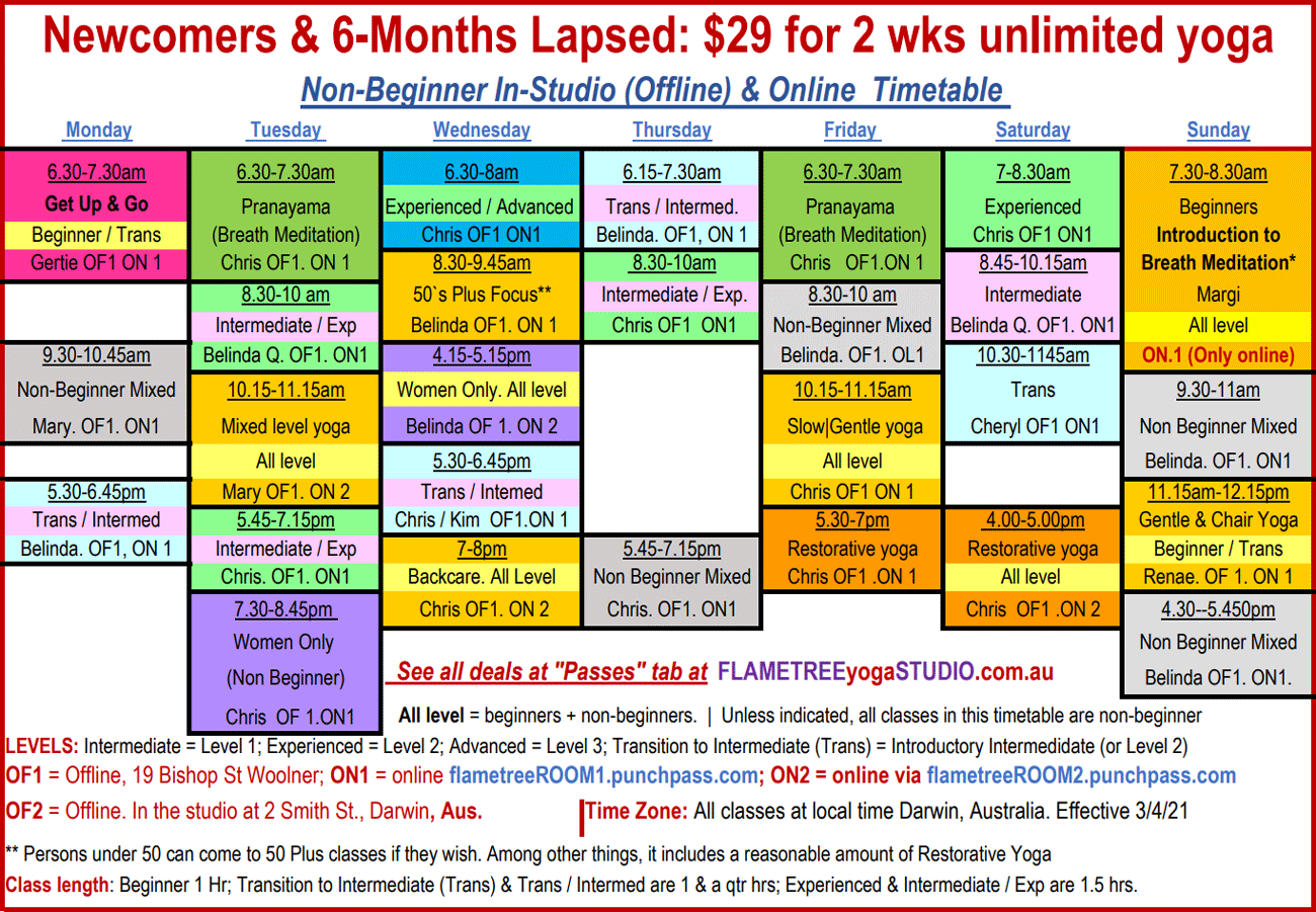 Non Beginner Yoga Timetable April 2021