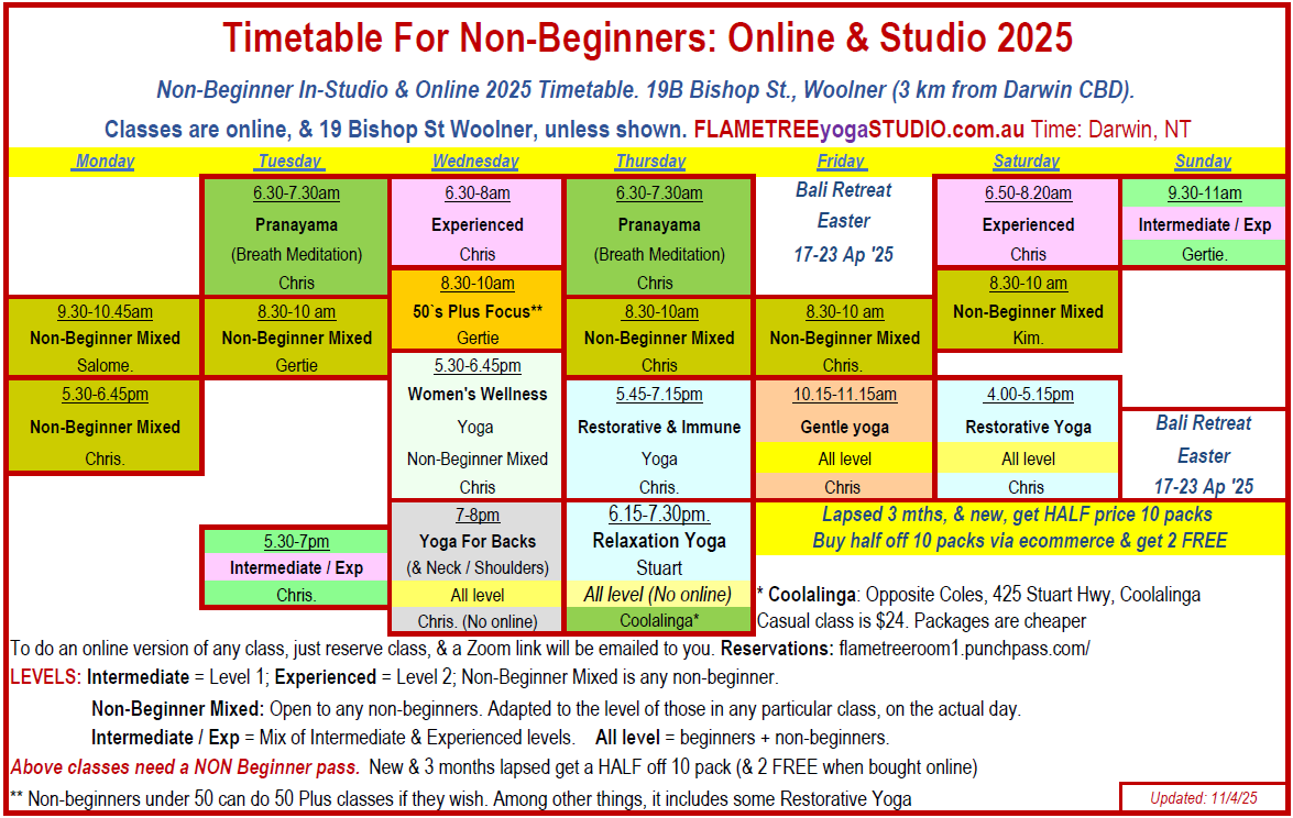 yoga schedule timetable non beginner Flametree 11 April onwards yoga schedule timetable non beginner Flametree with Zoom