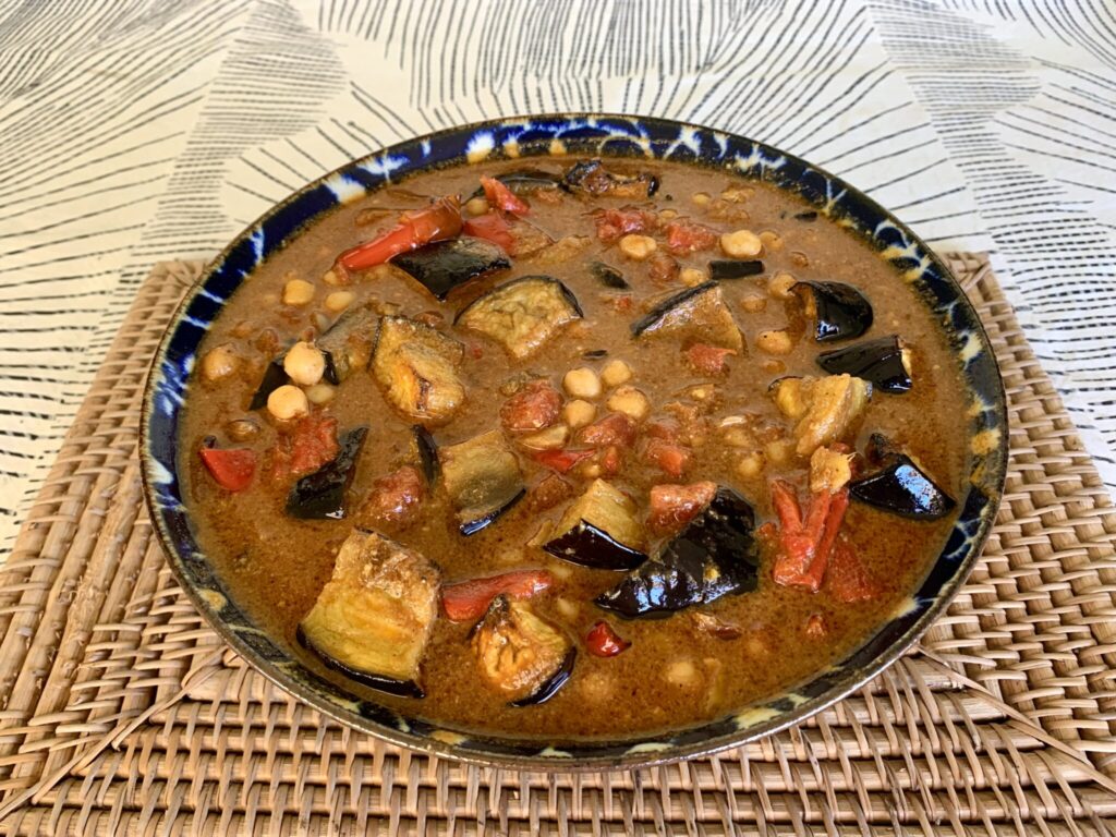 Roasted Eggplant & Red Capsicum Chickpea Curry Including Coconut Milk. Satisfying, delicious, organic chickpea curry.