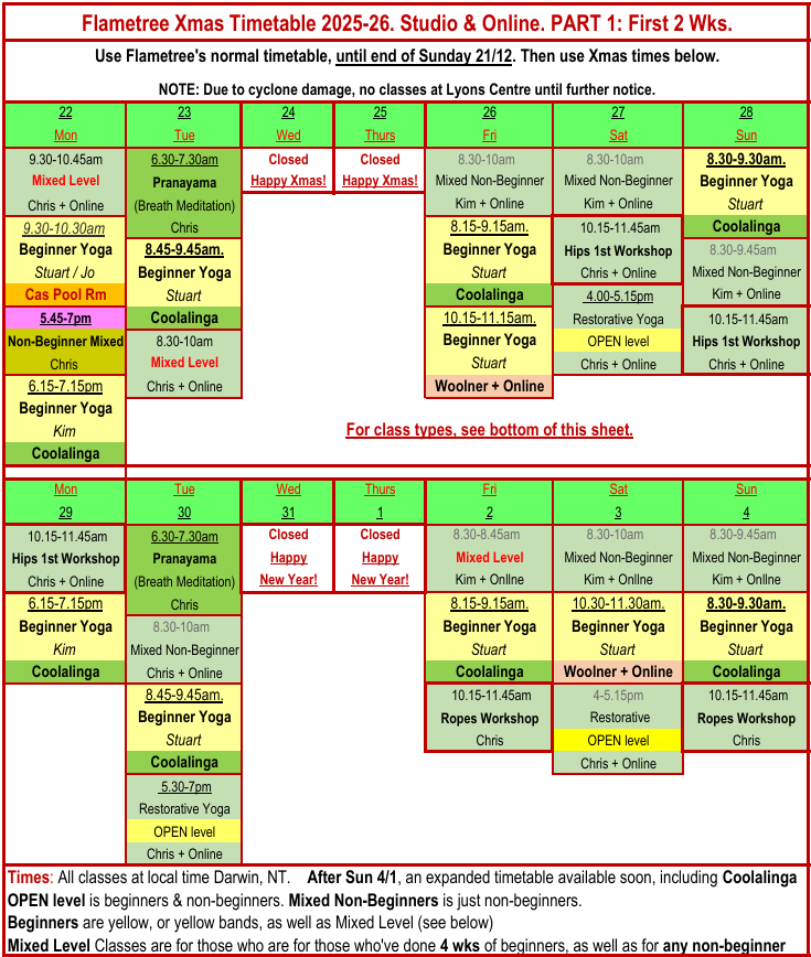 Yoga Coolalinga timetable & Christmas Darwin timetable Yoga Coolalinga timetable & Palmerston Darwin timetable
