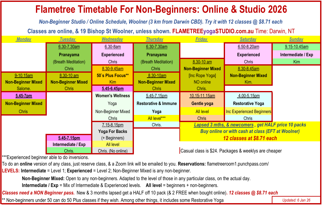 Flametree NON Beginner Yoga Timetable and Schedule