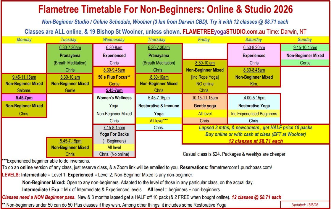 Darwin Yoga Timetable for Flametree, June 2026, Version 2 Darwin Yoga Timetable