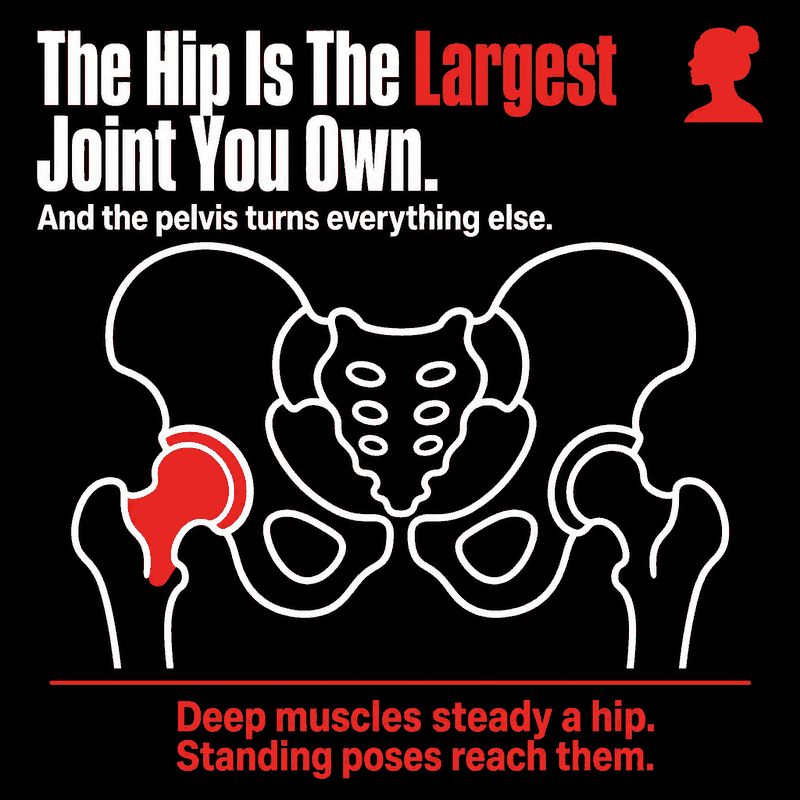 Infographic: a white line-art pelvis with one ball-and-socket hip joint filled solid red. The hip is the largest joint you own and the pelvis turns everything else. Deep muscles steady a hip, and standing poses reach them.