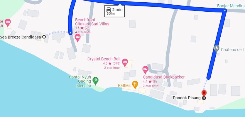 Map showing Sea Breeze Candidasa and Pondok Pisang about 500 metres apart on the seafront at Mendira