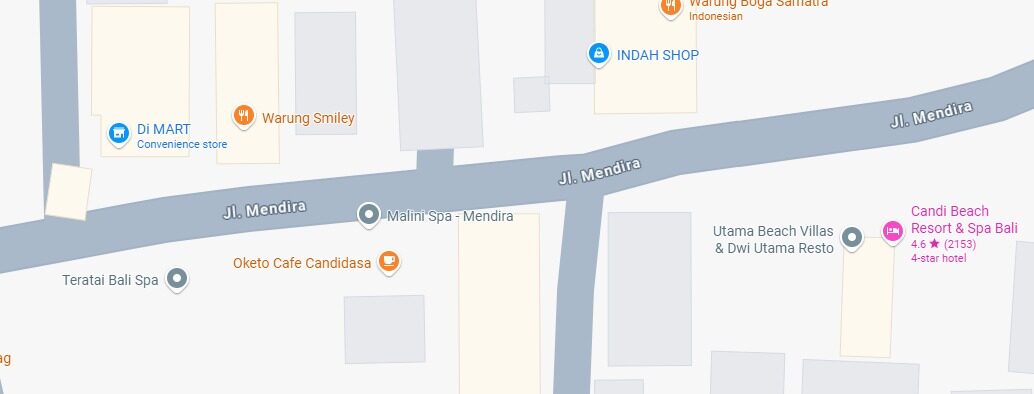 Close-up map of the shops on Jalan Mendira near the Flametree Bali retreat