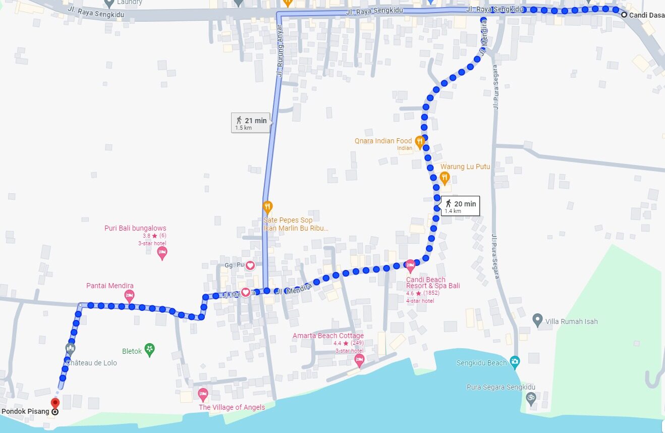 Map of the walking route from Pondok Pisang into Candidasa town