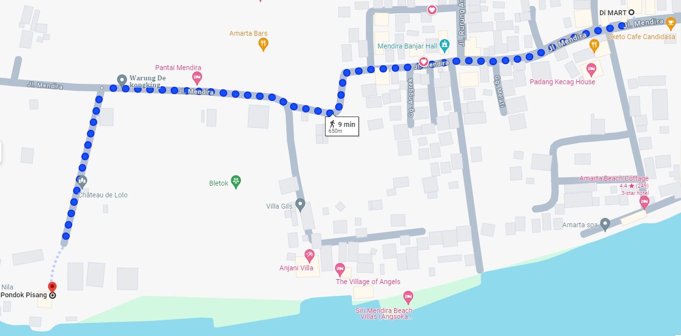 Map of the walking route from Pondok Pisang to the DiMart convenience store and local shops