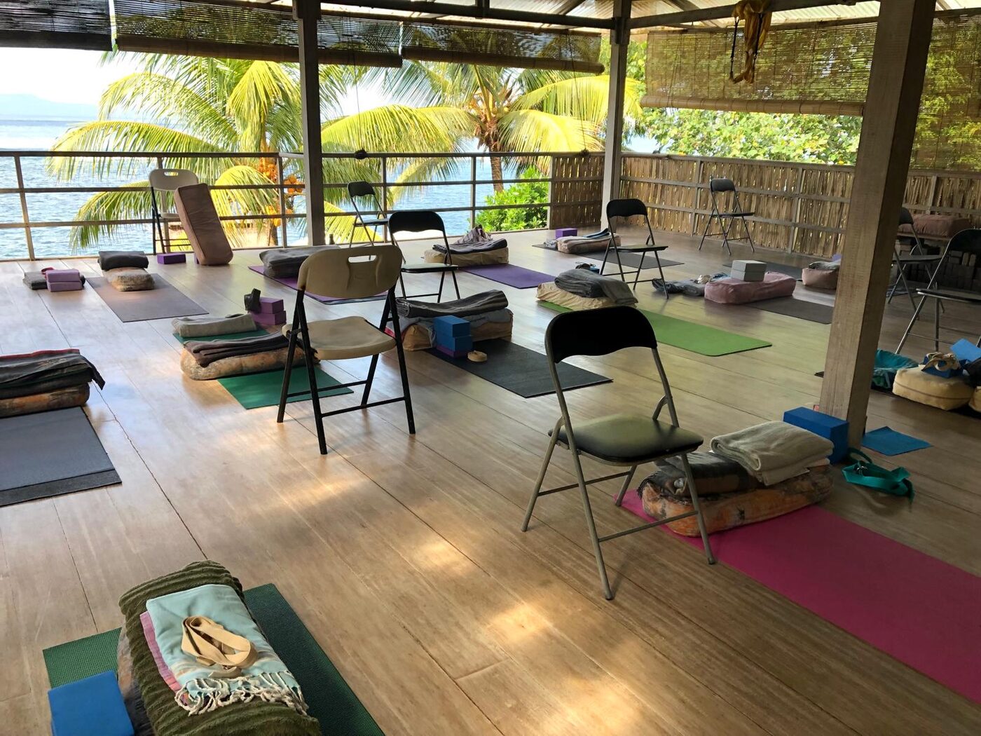 The empty yoga room at Pondok Pisang looking out towards the sea