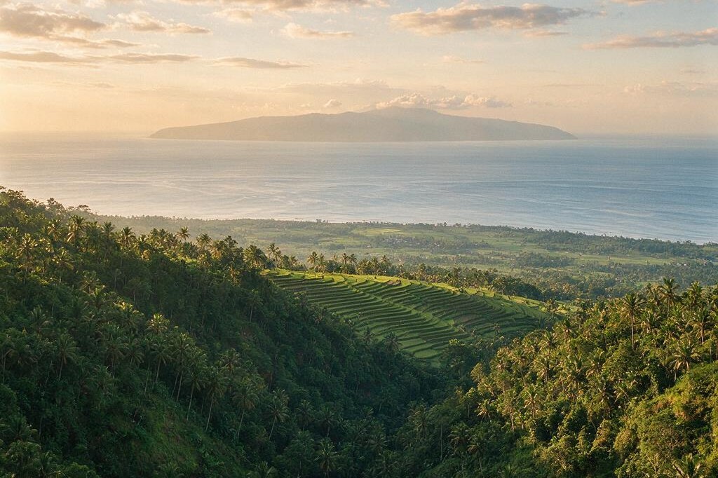 A rendering of the view east from the ridge at Putung in east Bali, over wooded valleys and rice terraces to the coastal plain, the sea and an island on the horizon