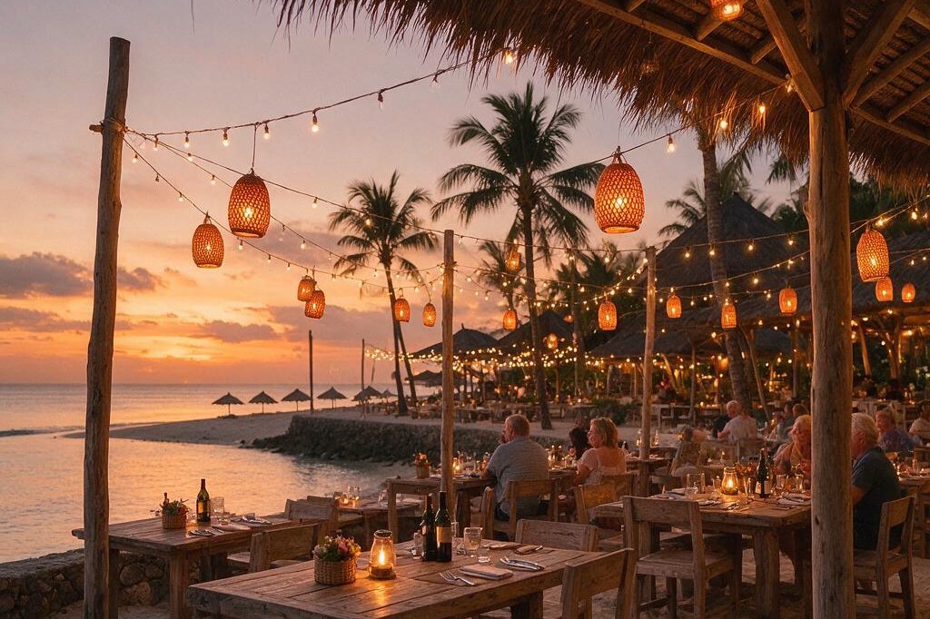 A rendering of an open air beachfront restaurant in Bali at dusk, tables set on the sand under strung lanterns with the last of the sunset over a calm sea