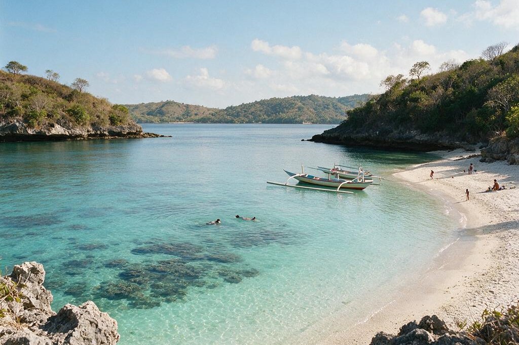 A rendering of the Blue Lagoon cove at Padangbai in east Bali, with clear turquoise water over coral, a jukung boat moored offshore and snorkellers in the bay