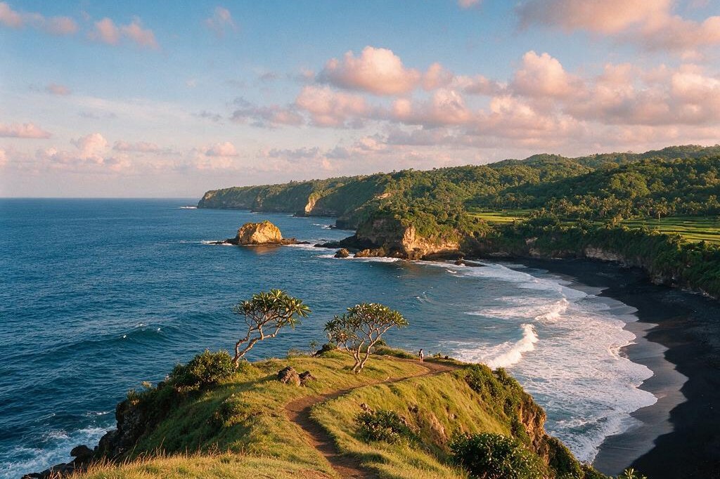 A rendering of the grassy clifftop at Bukit Asah above Bugbug in east Bali, with a footpath along the cliff edge and the sea and an offshore rock below