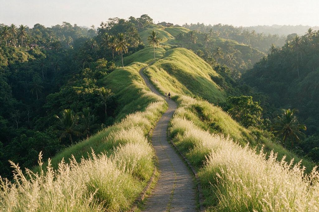 A rendering of the Campuhan Ridge Walk near Ubud, a narrow paved path along the crest of a green ridge with tall grass on both sides and wooded valleys falling away