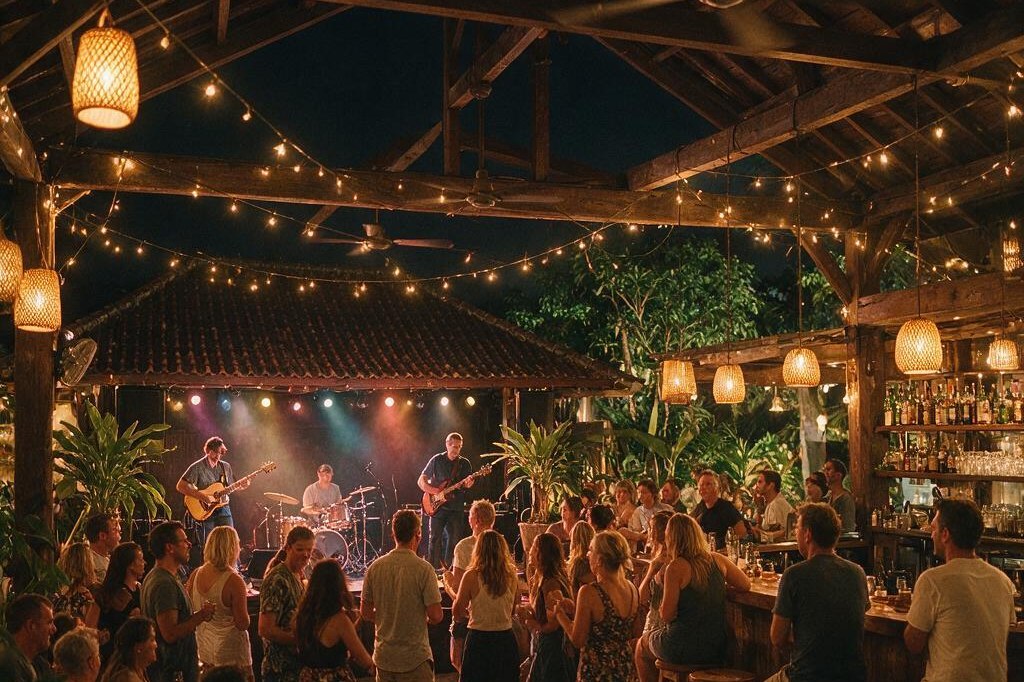 A rendering of a warm open sided bar in Bali at night with a live band playing, lanterns overhead and a mixed crowd of adults dancing near the stage