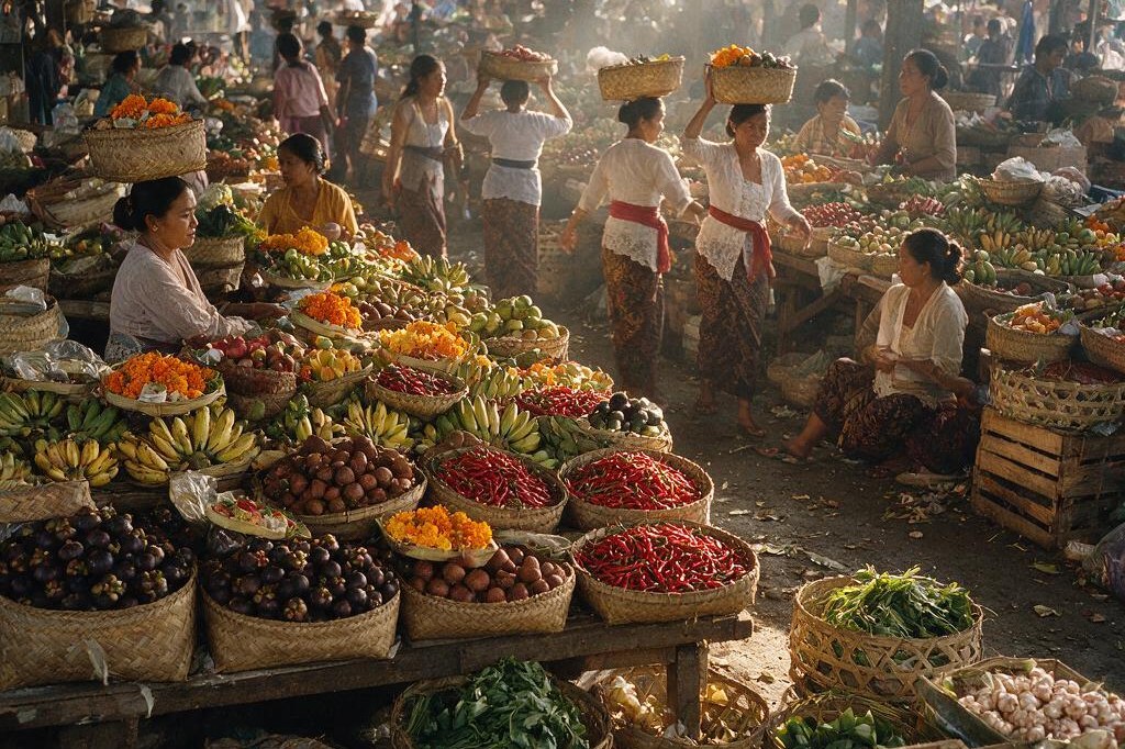A rendering of a busy covered Balinese produce market early in the morning, with baskets of tropical fruit and vegetables and women carrying baskets on their heads