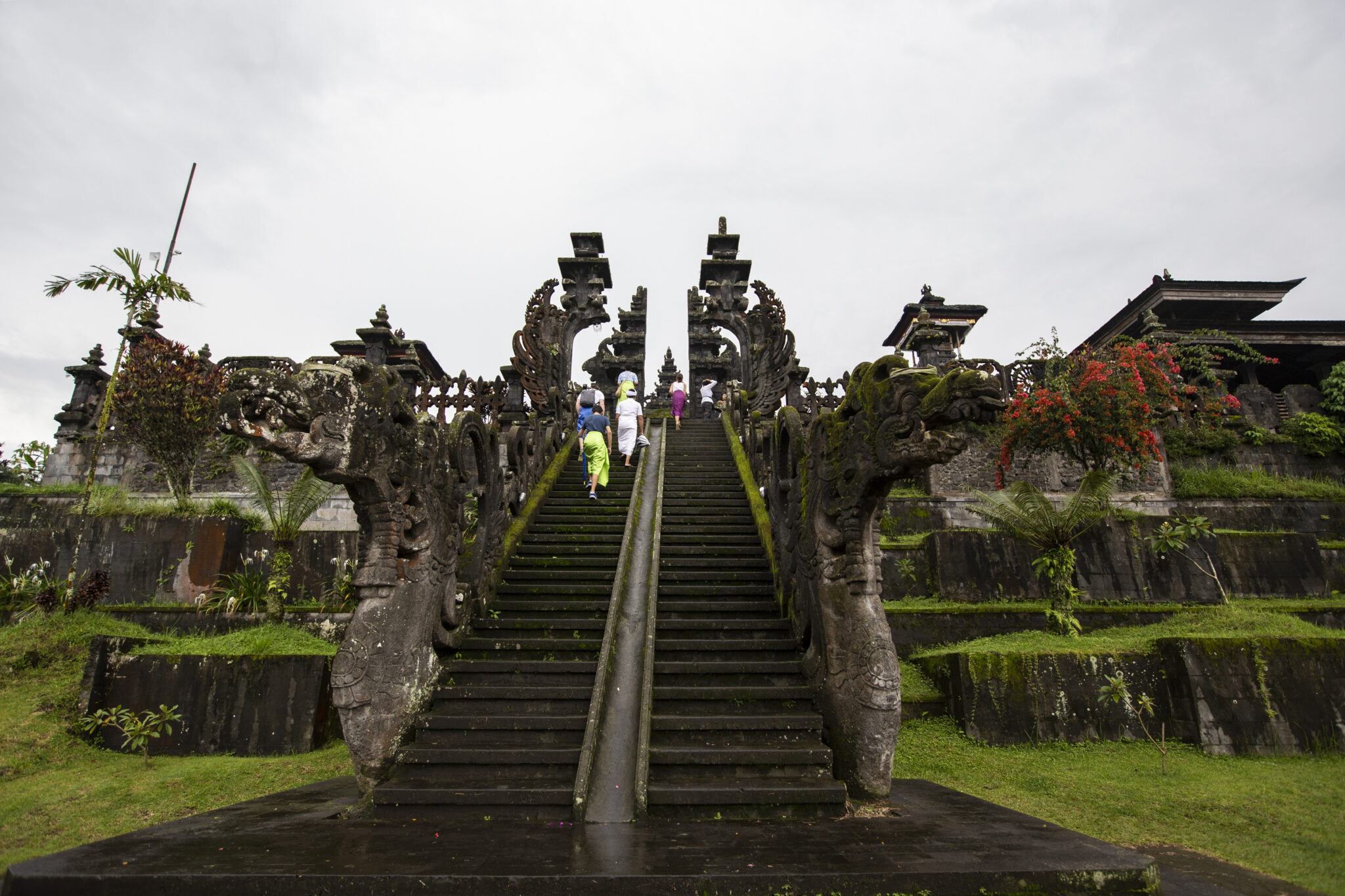 The split gate and long stone stairway climbing up into Pura Besakih, the mother temple, on the slopes of Mount Agung