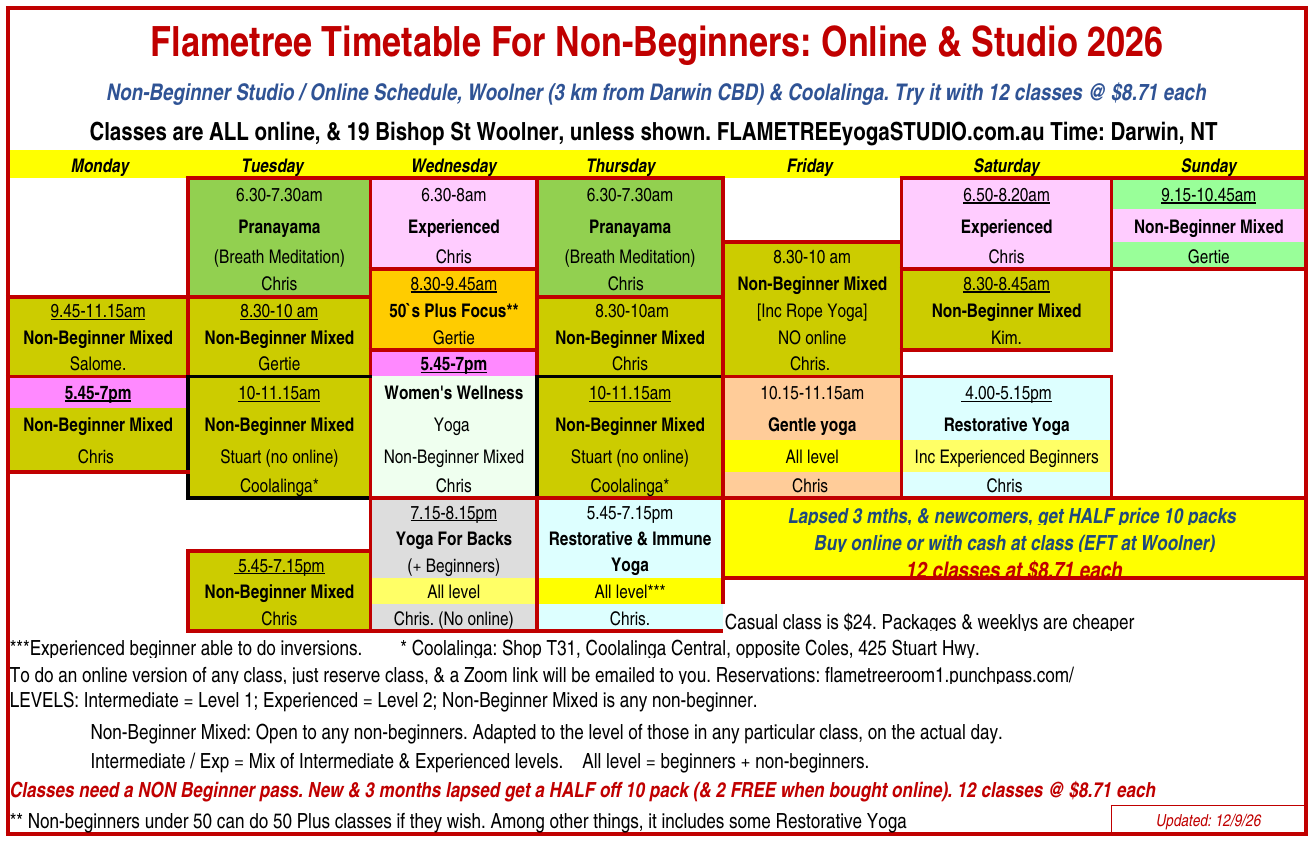 Darwin yoga non-beginner timetable schedule 12 September 2026 Darwin yoga non-beginner timetable schedule