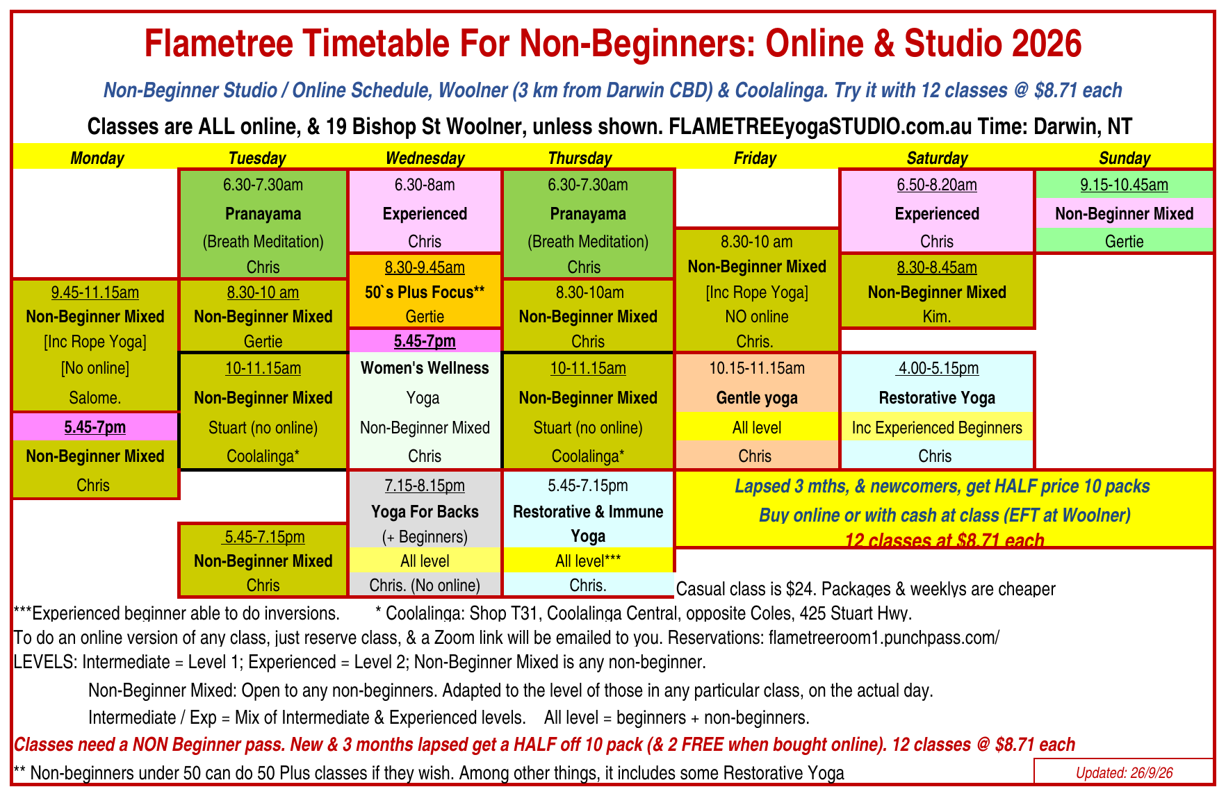 Darwin yoga non-beginner timetable schedule