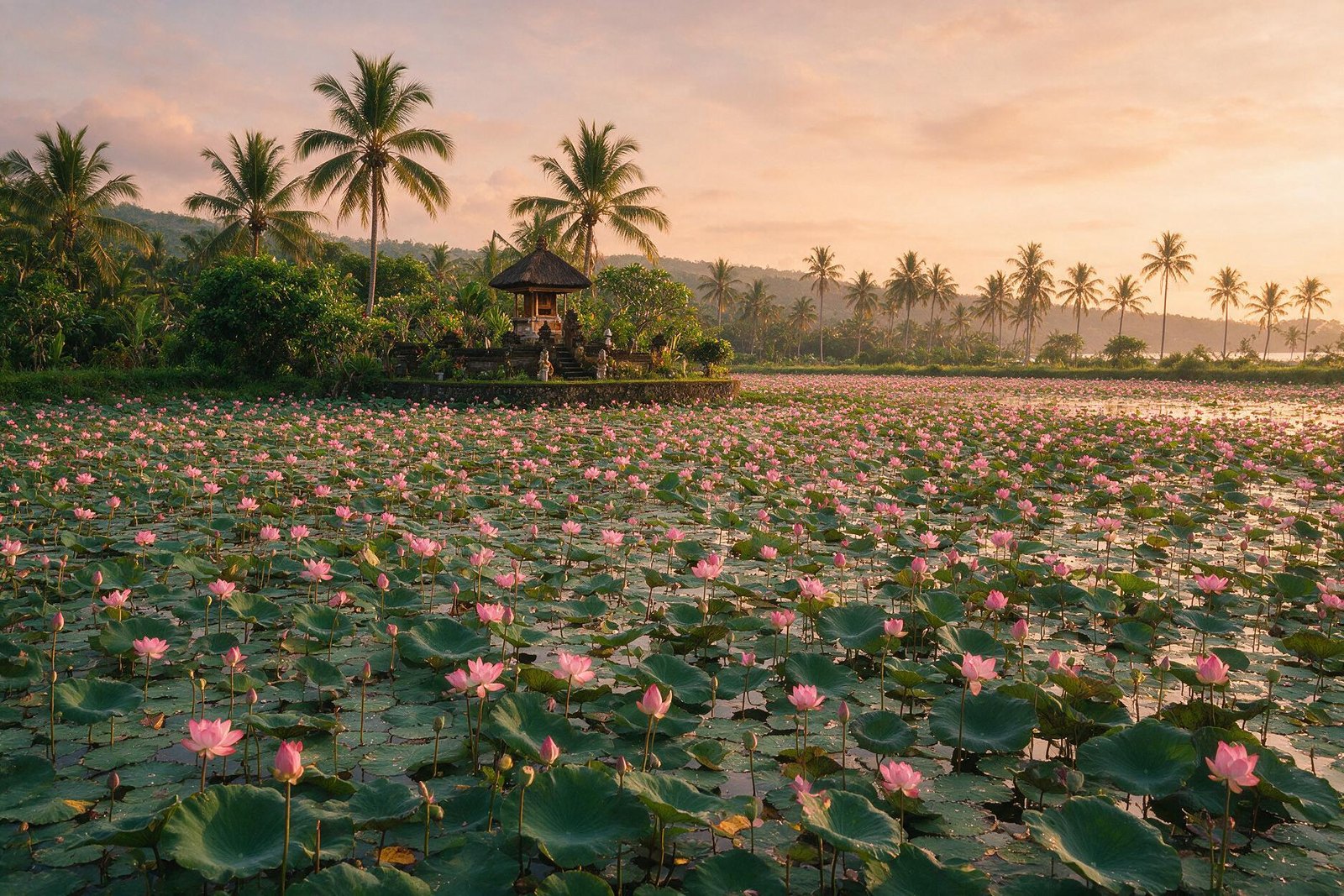 A rendering of the lagoon carpeted with pink lotus flowers in the middle of Candidasa village in east Bali