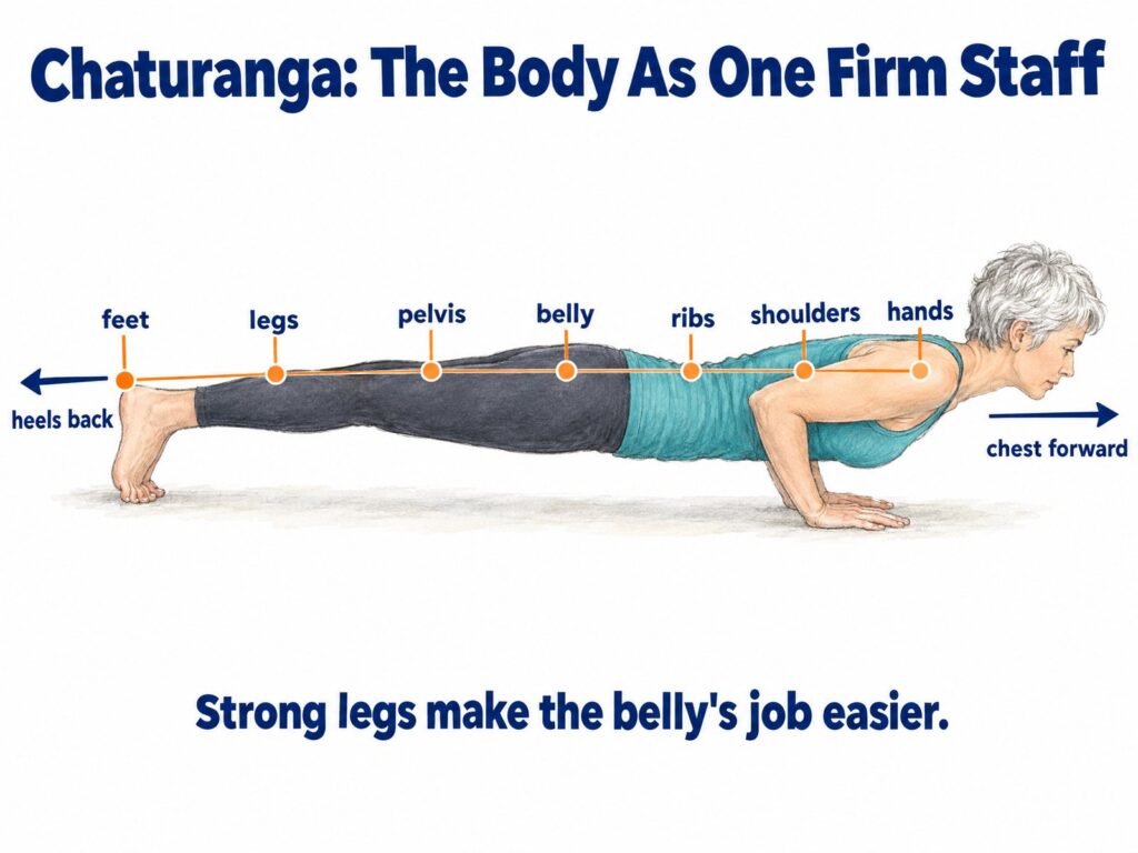 Yoga for core strength: Chaturanga with a line from feet to hands, heels reaching back and chest forward