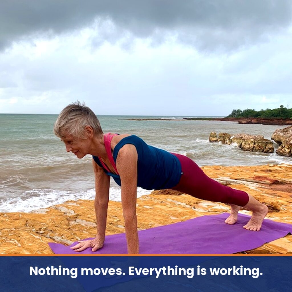 Plank Pose on rock by the sea, weight through the hands and straight arms, loading the wrists and arms as Wolff's law describes