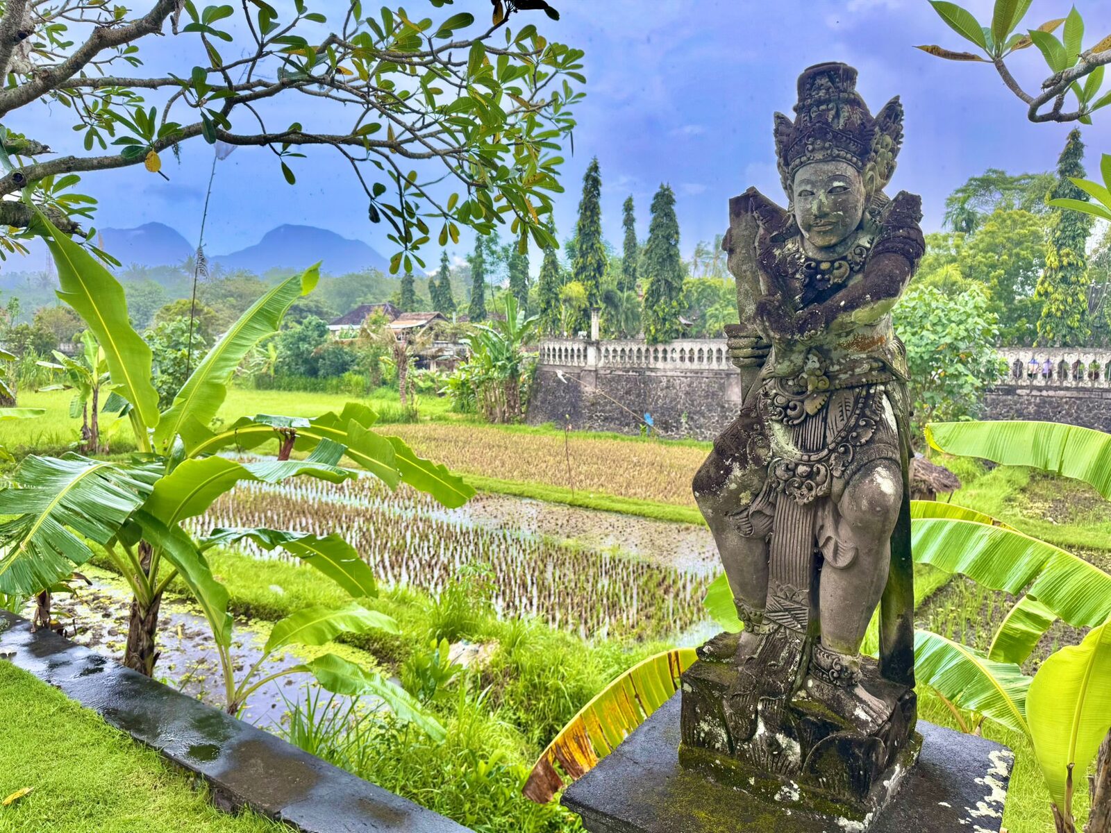 A carved stone figure standing in front of rice fields in East Bali