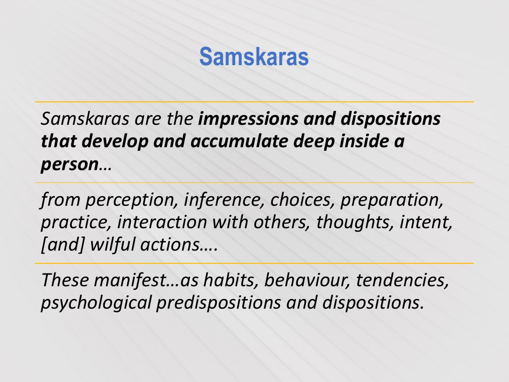 Samskaras are the impressions and dispositions that accumulate deep inside a person and manifest as habits, behaviour and tendencies