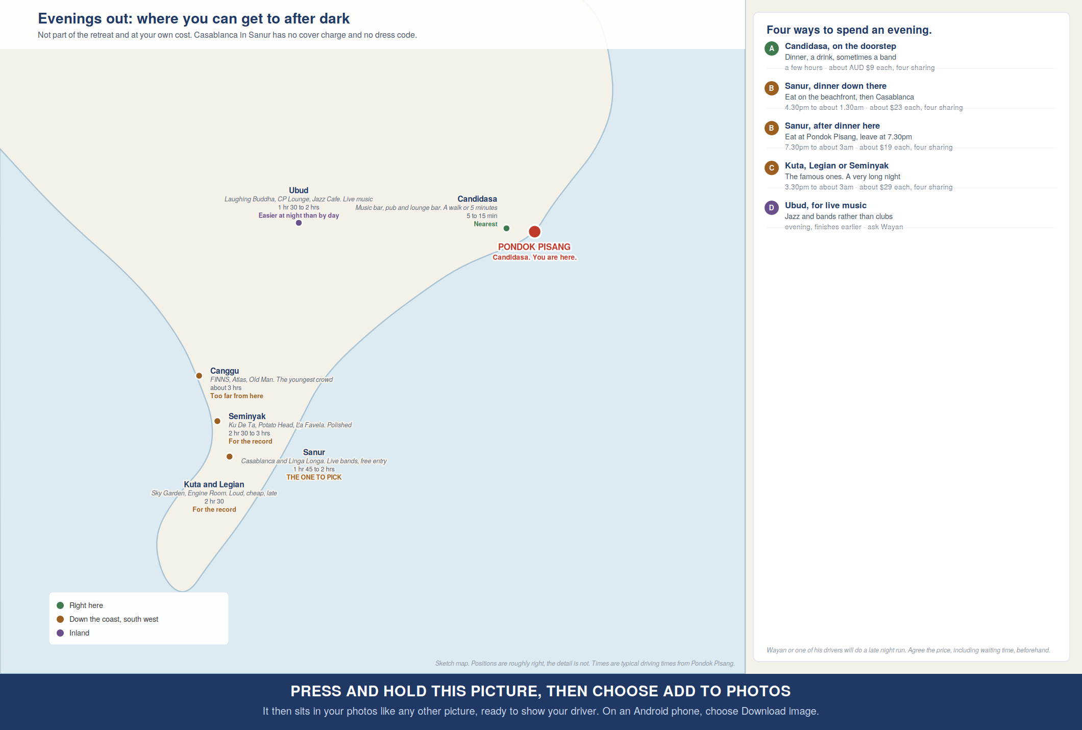Sketch map of south Bali showing where you can get to after dark from Pondok Pisang, with drive times to Candidasa, Sanur, Ubud, Kuta, Seminyak and Canggu