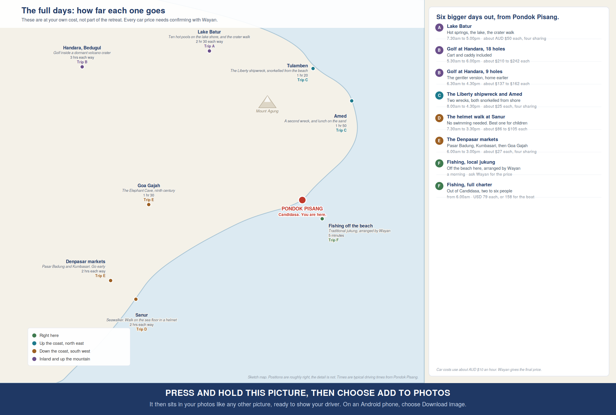 Sketch map of Bali showing the six full day trips from Pondok Pisang, with drive times and an index of the trips