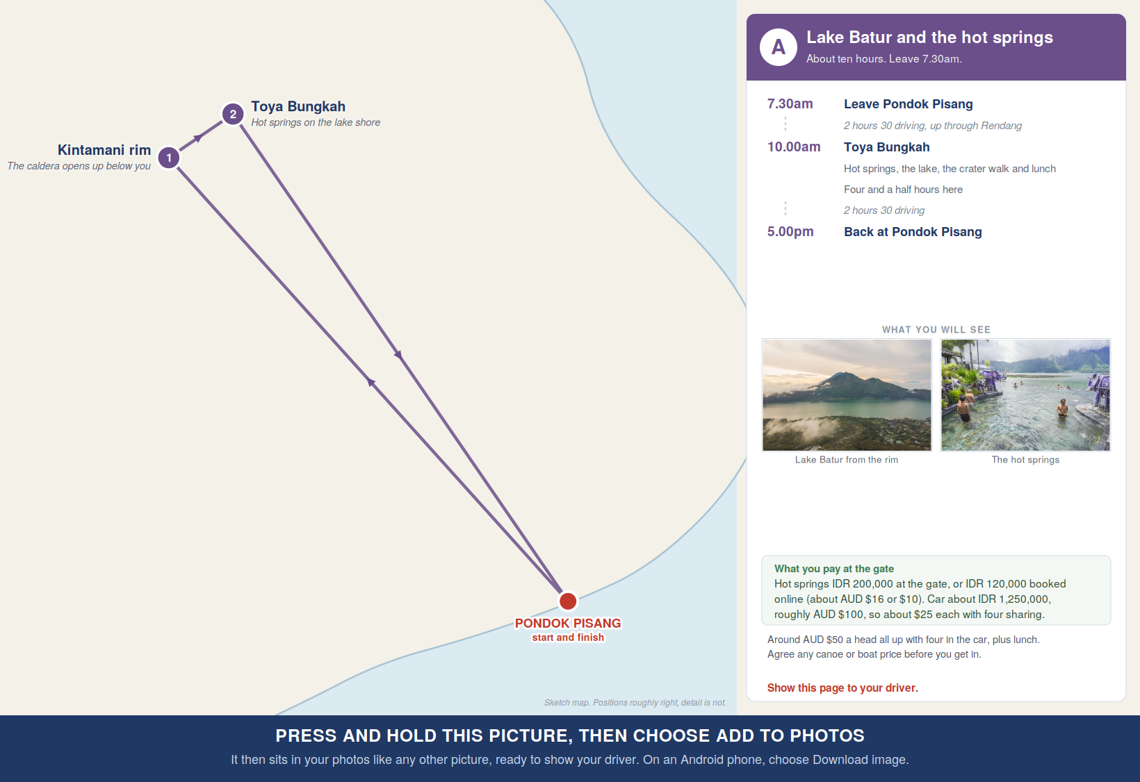 Route map for the Lake Batur day, Kintamani rim and Toya Bungkah, with times and costs
