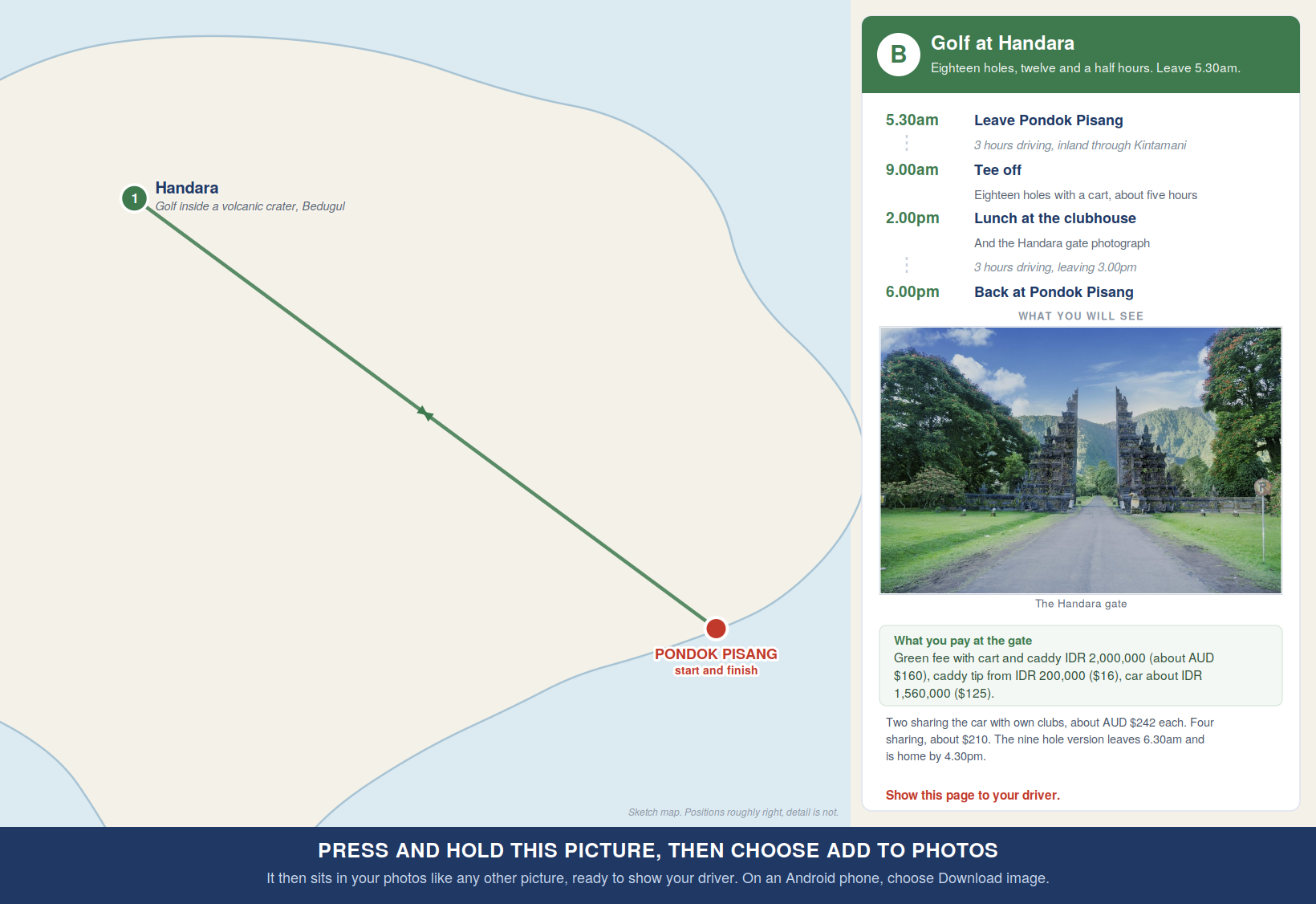 Route map for the Handara golf day at Bedugul, with times and costs