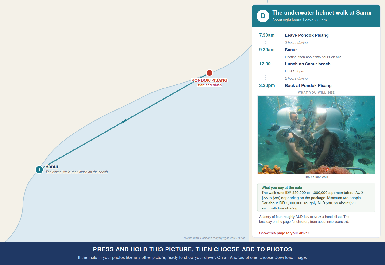 Route map for the Sanur helmet walk day, with times and costs