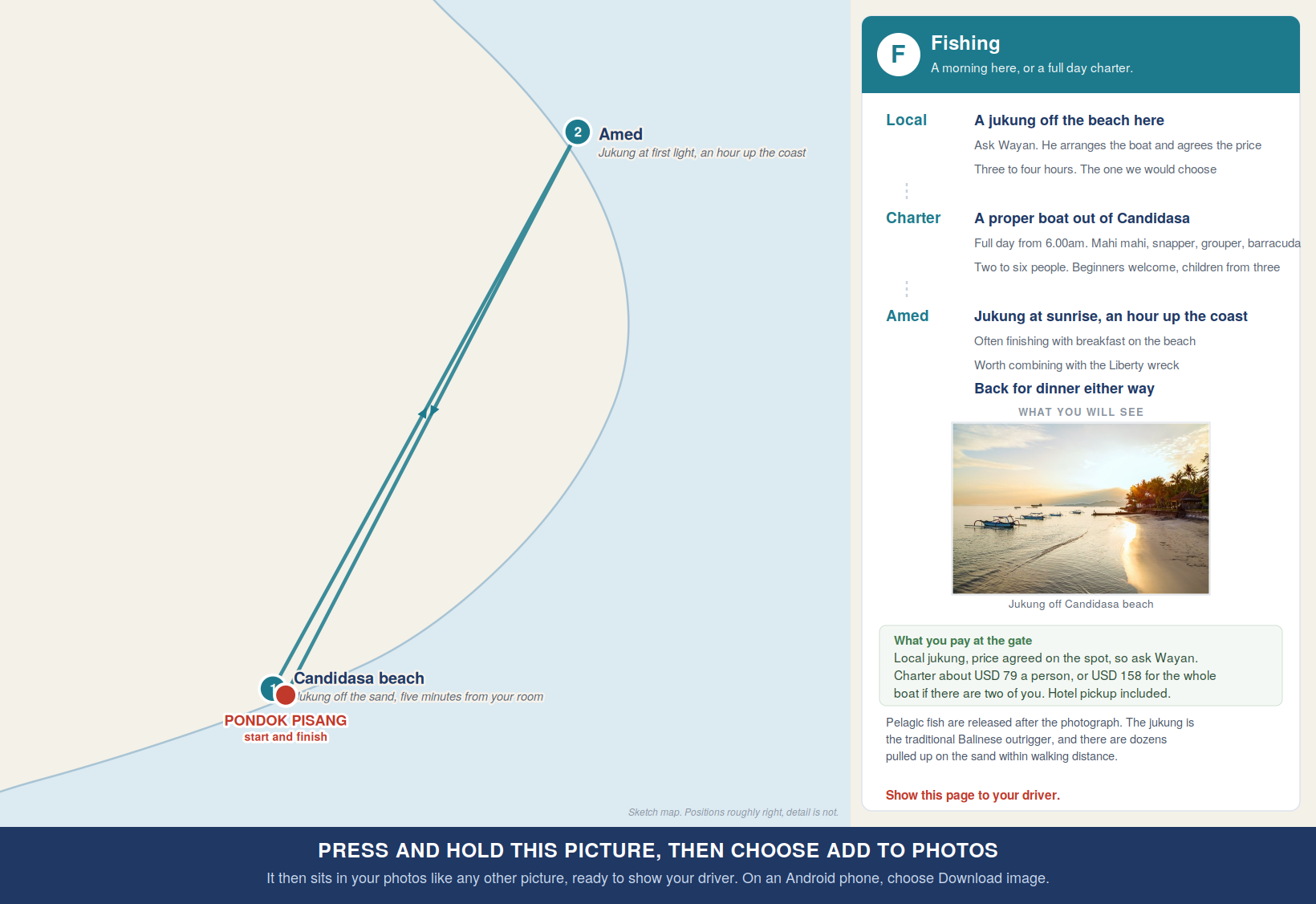 Map of the fishing options, jukung off Candidasa beach and Amed at sunrise