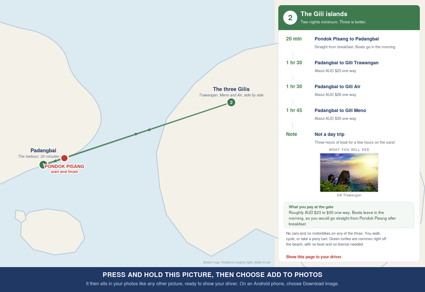Map of the crossing from Padangbai to Gili Trawangan, Meno and Air, with times and fares