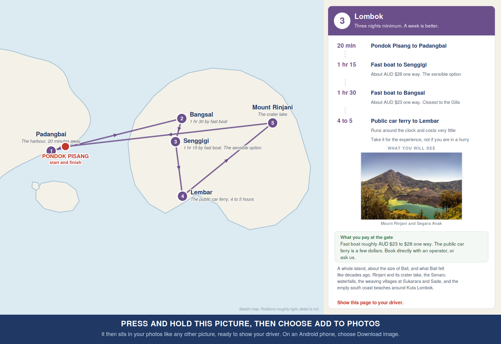 Map of the crossings from Padangbai to Senggigi, Bangsal and Lembar on Lombok, with times and fares