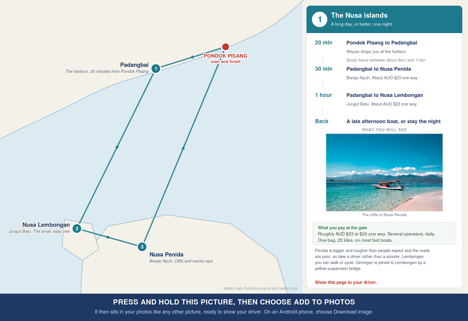 Map of the crossings from Padangbai to Nusa Penida and Nusa Lembongan, with times and fares