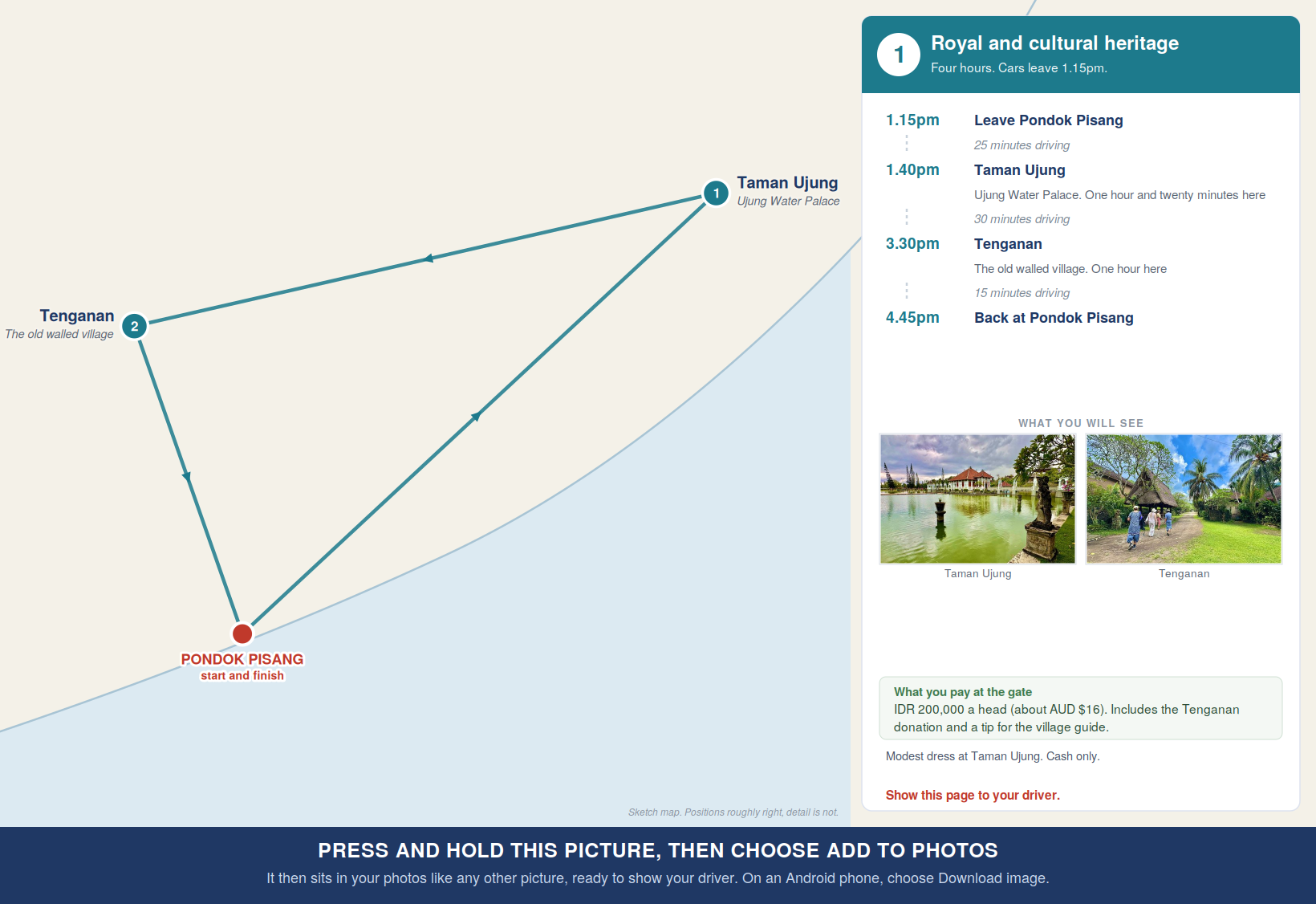 Route map for Tour 1, Taman Ujung then Tenganan, with times and costs
