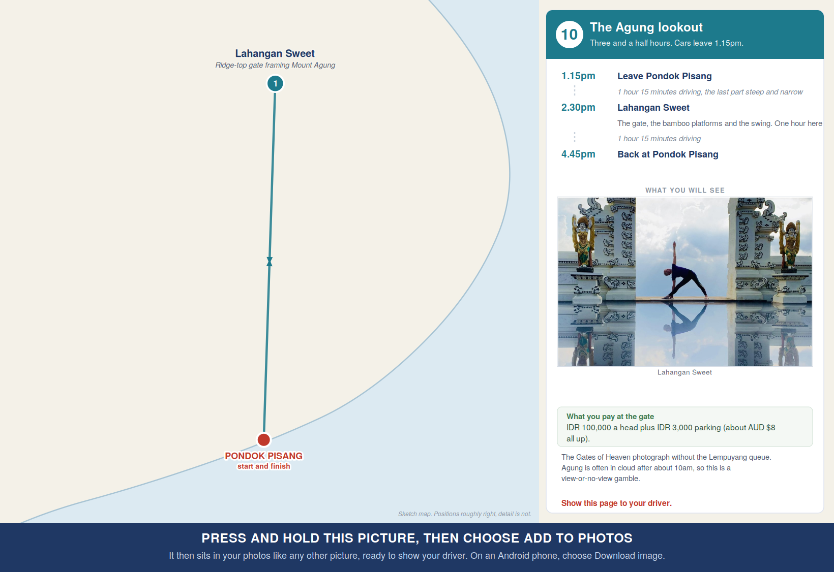 Route map for Tour 10, Lahangan Sweet, with times and costs