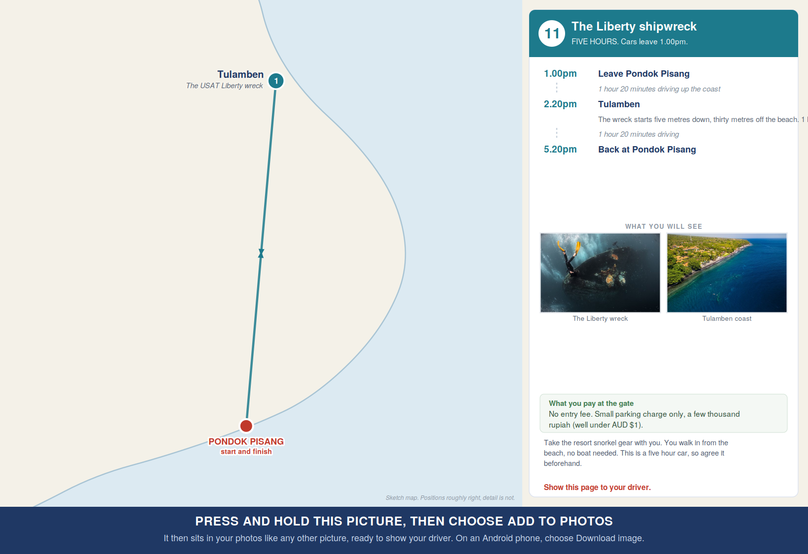 Route map for Tour 11, Tulamben and the Liberty shipwreck, with times and costs