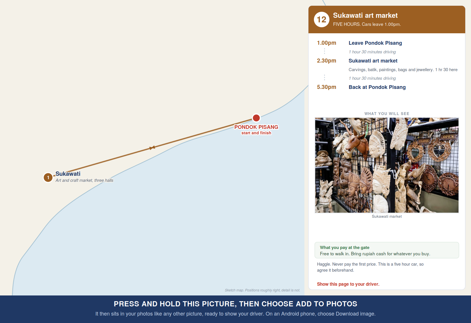 Route map for Tour 12, Sukawati art market, with times and costs