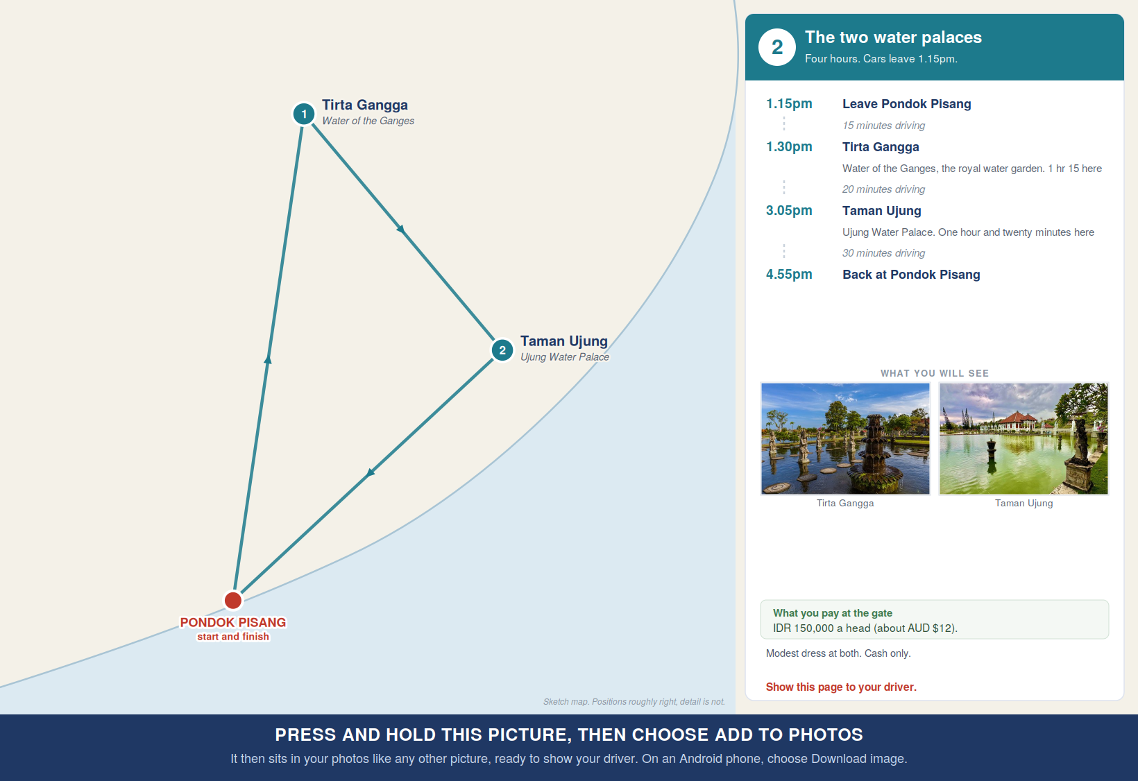 Route map for Tour 2, Tirta Gangga then Taman Ujung, with times and costs