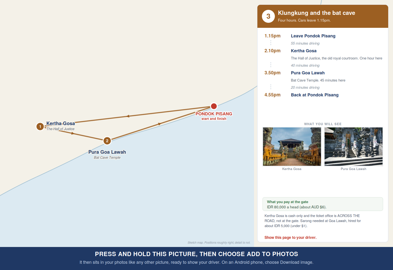 Route map for Tour 3, Kertha Gosa then Goa Lawah, with times and costs