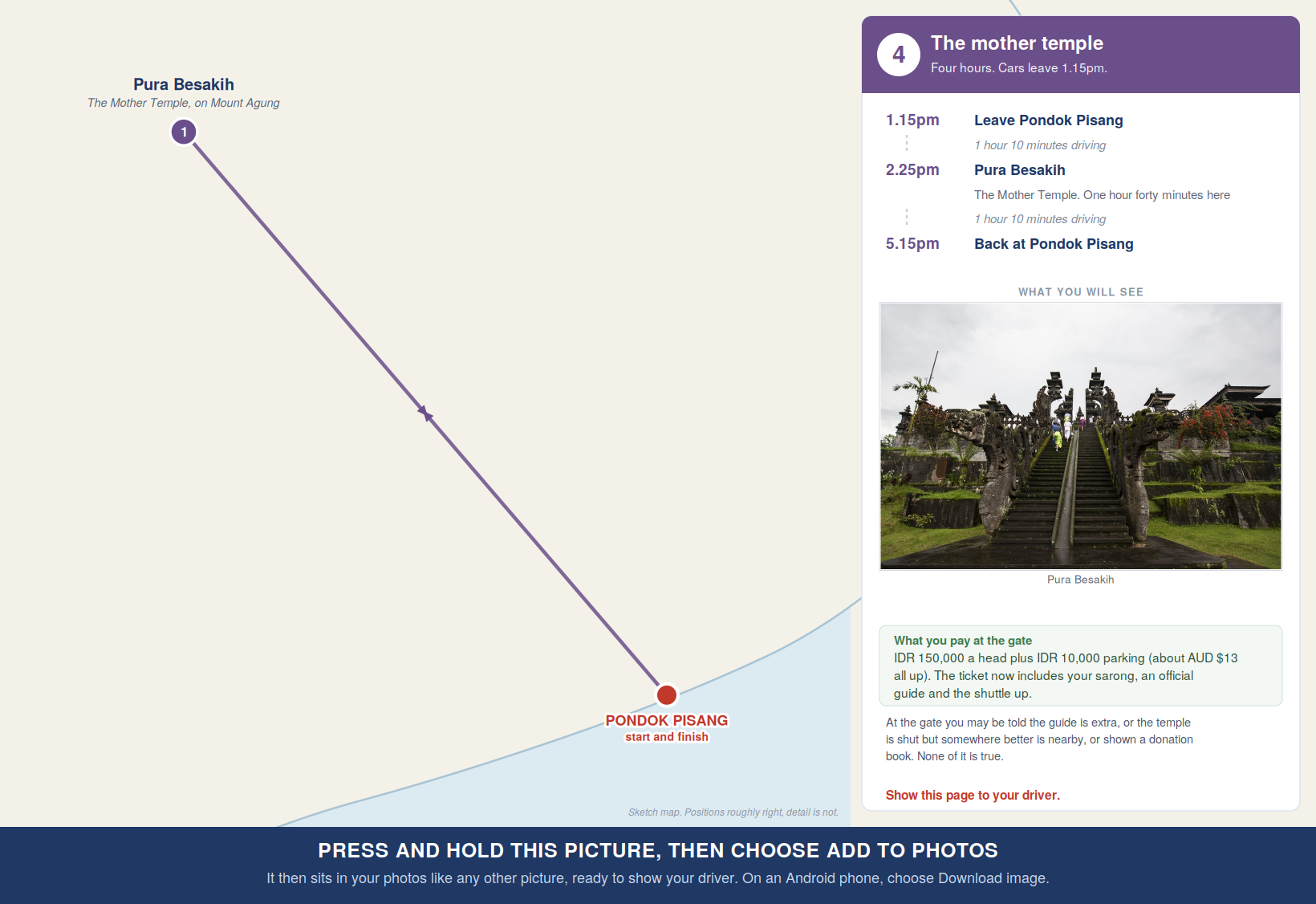Route map for Tour 4, Pura Besakih, with times and costs