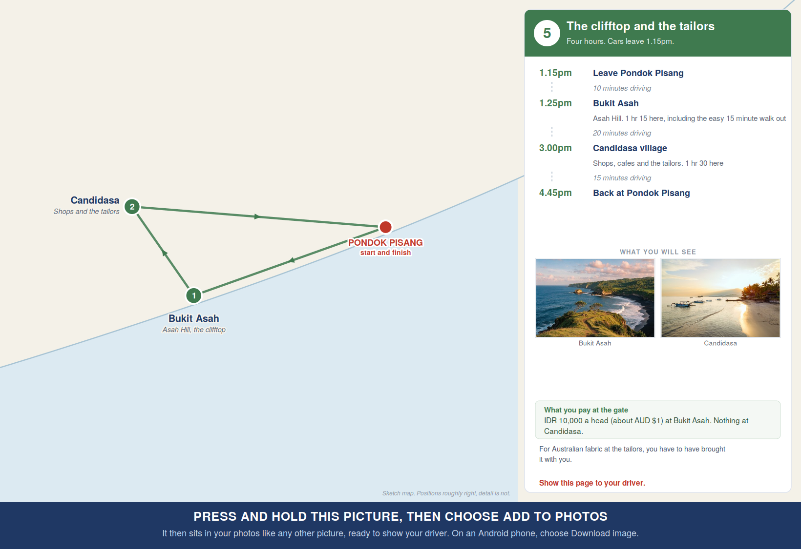 Route map for Tour 5, Bukit Asah then Candidasa, with times and costs