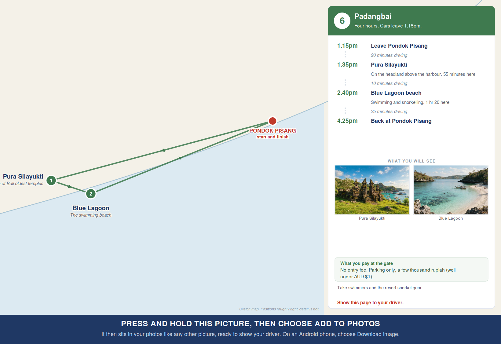Route map for Tour 6, Pura Silayukti then the Blue Lagoon, with times and costs