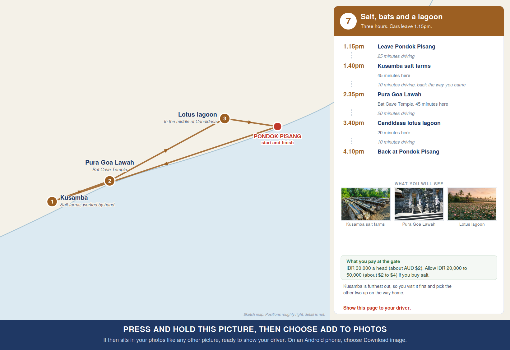 Route map for Tour 7, Kusamba then Goa Lawah then the lotus lagoon, with times and costs
