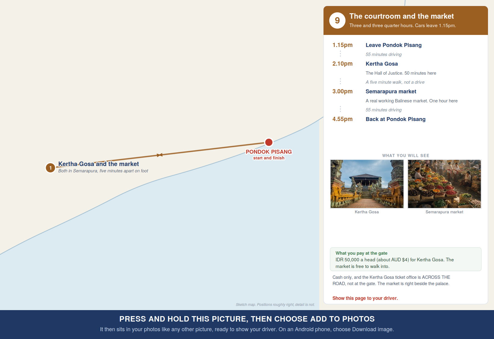 Route map for Tour 9, Kertha Gosa and Semarapura market, with times and costs