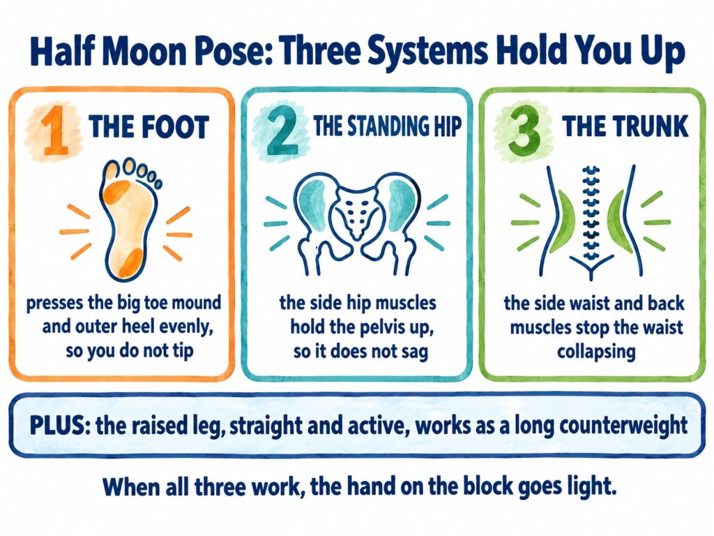 Half Moon Pose: the foot, the standing hip and the trunk hold you up, with the raised leg as a counterweight