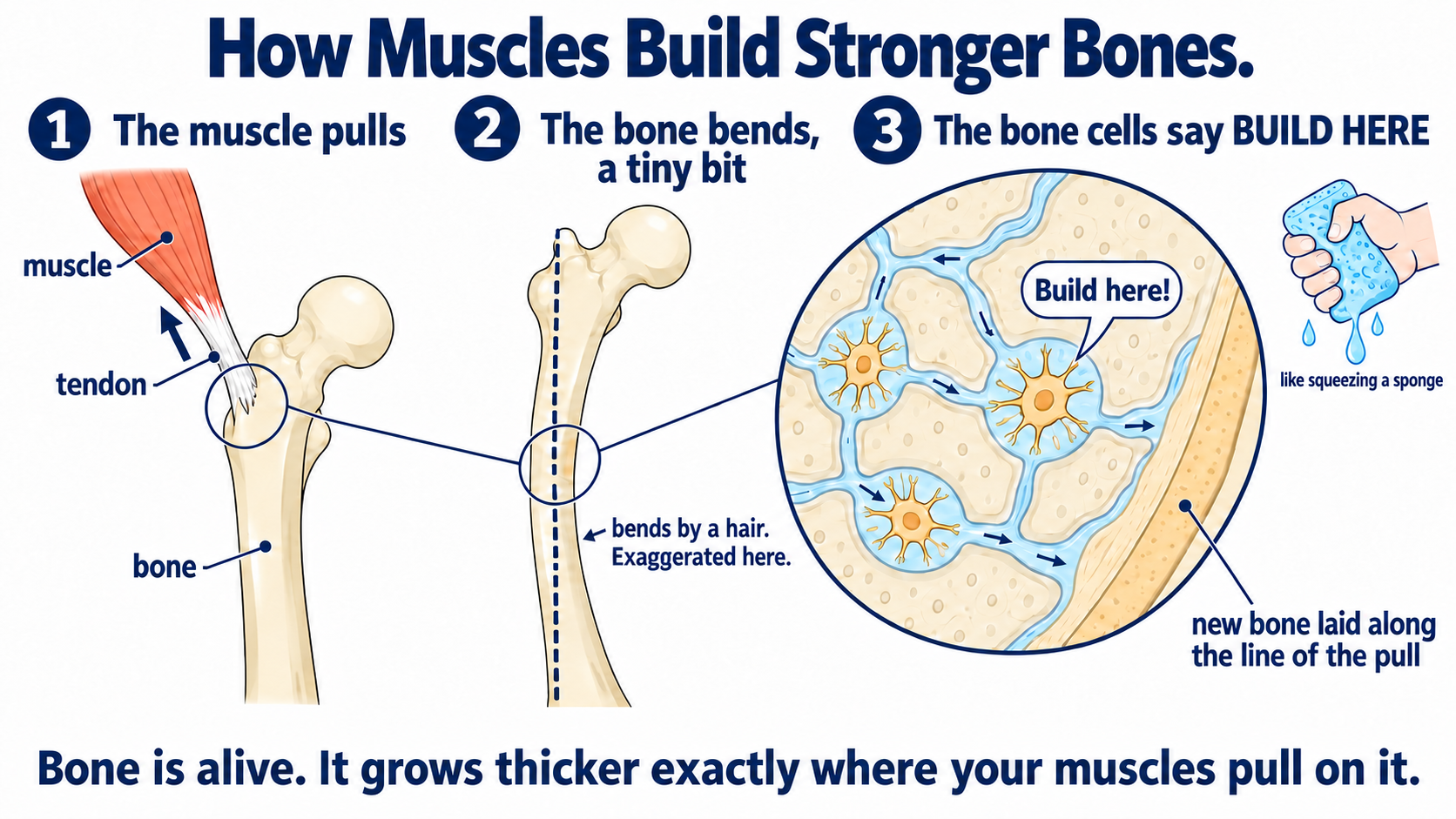 Three-panel diagram of how yoga bone density improves: a muscle pulls on a tendon, the bone bends a tiny bit, and bone cells signal new bone to be laid along the line of the pull