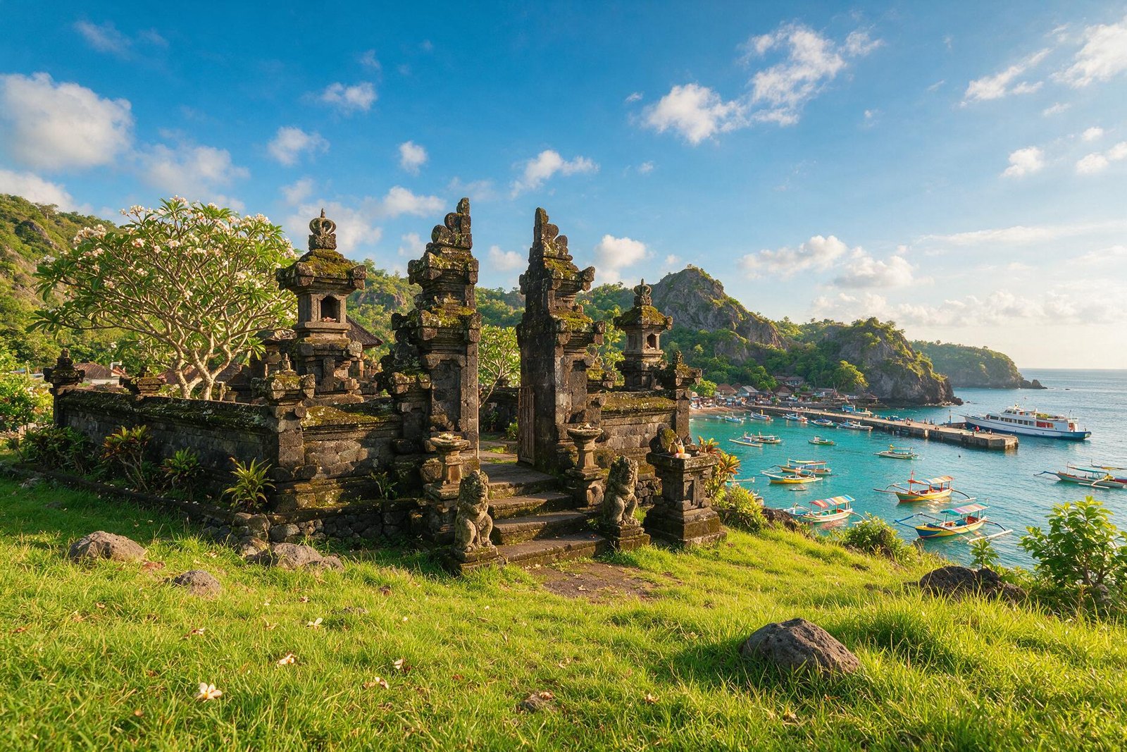 A rendering of the old dark stone temple gates of Pura Silayukti on the grassy headland above Padangbai harbour in east Bali